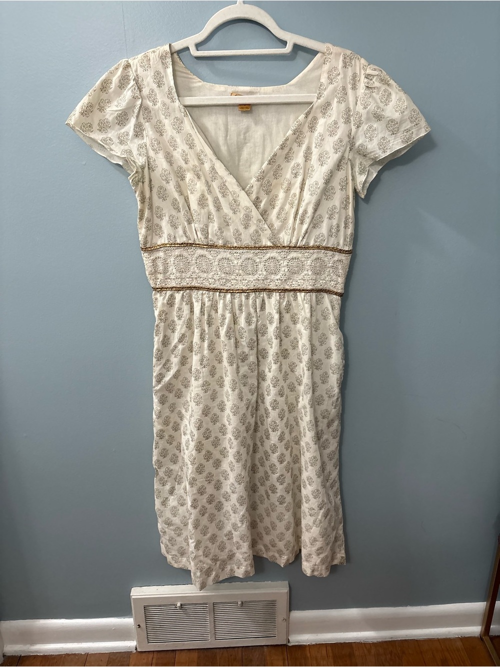 April Cornell Cream Printed Wrap Dress with Gold Trim